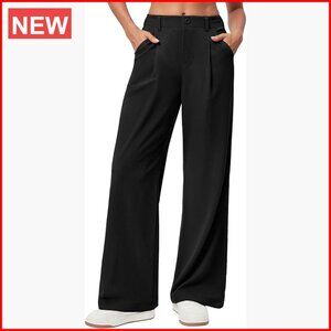Wide Leg Work Pants with Elastic Waist, 28" Inseam, Polyester Spandex Blend